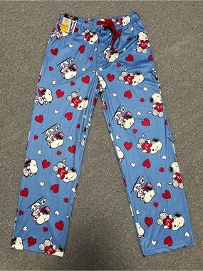 Peanuts Blue Snoopy Heart Print Pajama Bottoms with Red Drawstring Men’s S